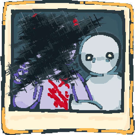 A drawing of a ms paint style polaroid photo. In the photo there is on purple person whos doing a peace sign and one grey person holding onto purple persons right arm. The purple persons face is crossed out and scribbled over with black marker, there is carton devil horns scribbled on them and cartoon style blood on their chest